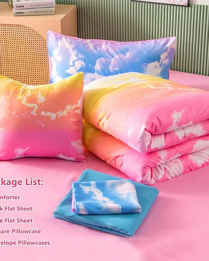 PERFEMET Twin Comforter Set for Girls, Corlofrul Rainbow Twin Size Bedding Set, 6Pcs Blue Sky and White Cloud Print Twin Size Bed in A Bag with Comforter and Sheets - LeafyLoom