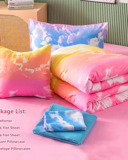 PERFEMET White Cloud Print Girls Comforter Set Queen Size 6 Pieces Teen Girl Tie Dye Bedding Set Colorful Rainbow Bed in A Bag Comforter Set with Sheets - LeafyLoom