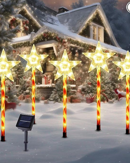 Solar Christmas Pathway Lights Outdoor Decorations, 8 Modes Star Candy Lights Waterproof Led Garden Stake Lights for Walkway Yard Lawn Porch Holiday Decor 5-Pack (Warm White Star Lights) BRIGHTDECK