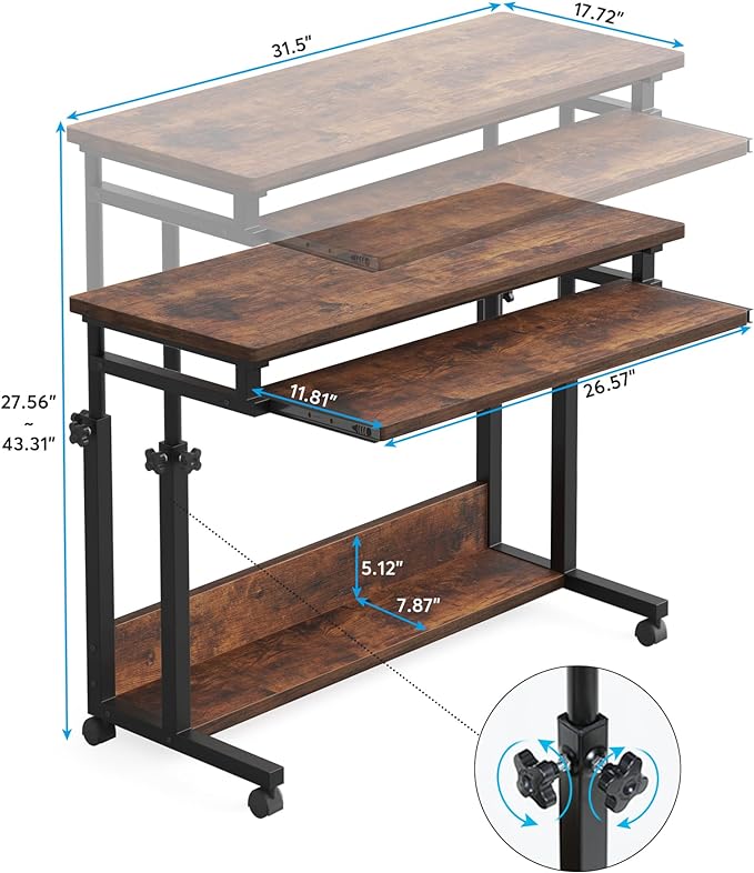 Tribesigns Portable Desk for Sofa and Bed, Height Adjustable Laptop Table Small Standing Desk Rolling Computer Cart with Keyboard Tray on Wheels for Home Office - LeafyLoom