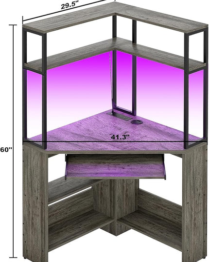 Cyclysio Small Corner Desk with Hutch, Heavy Duty Corner Computer Desk with Power Outlets & LED Light, Triangle Corner Gaming Desk with Keyboard Tray for Home Office, Small Space, Workstation Grey - LeafyLoom