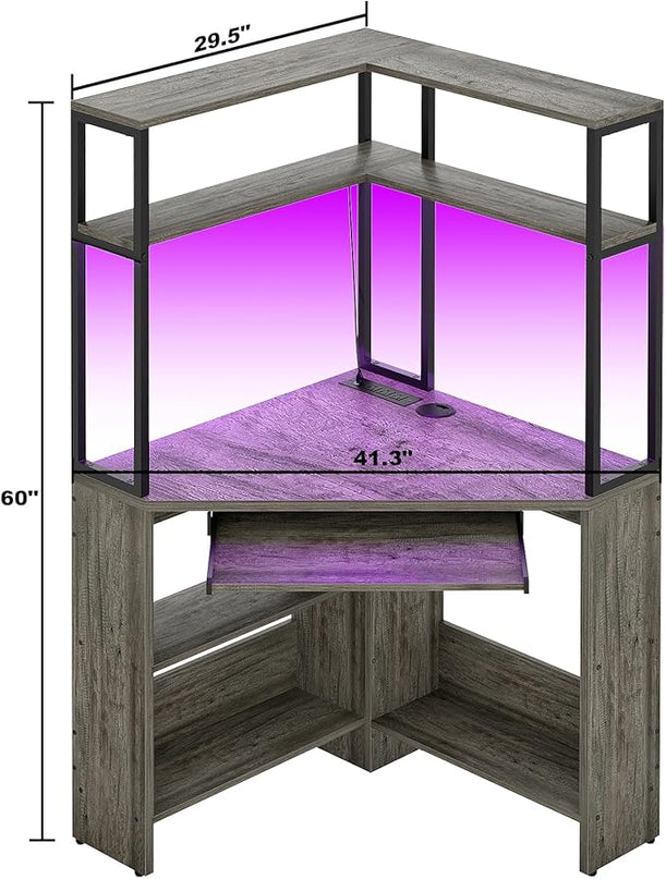 Cyclysio Small Corner Desk with Hutch, Heavy Duty Corner Computer Desk with Power Outlets & LED Light, Triangle Corner Gaming Desk with Keyboard Tray for Home Office, Small Space, Workstation Grey - LeafyLoom
