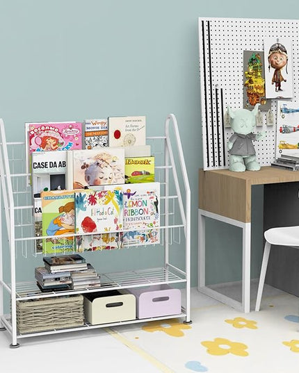 Kids Bookshelf Freestanding for Children Room 32 Inches White Metal Bookcase Large Capacity Books Toys Organizer Stable 5 Tiers Kids Book Rack for Playroom Bookstore Library. - LeafyLoom