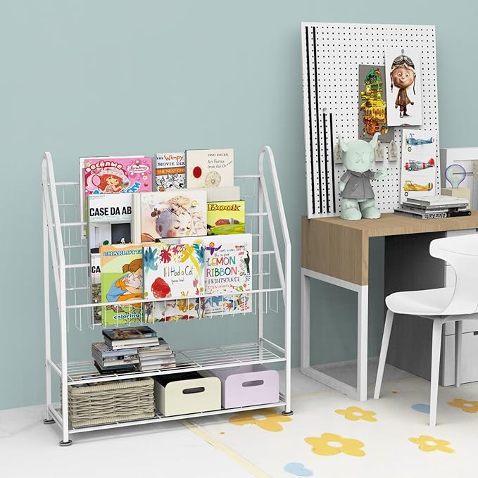 Kids Bookshelf Freestanding for Children Room 32 Inches White Metal Bookcase Large Capacity Books Toys Organizer Stable 5 Tiers Kids Book Rack for Playroom Bookstore Library. - LeafyLoom
