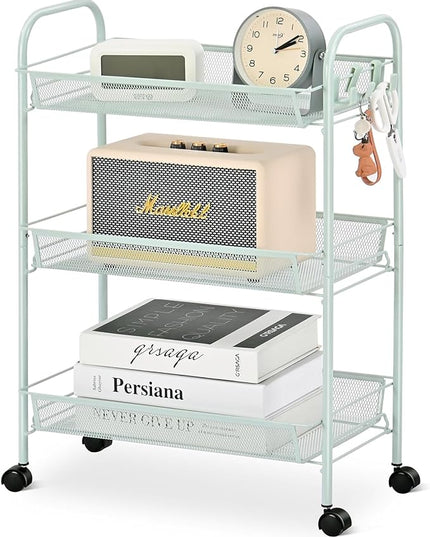 TOOLF 3-Tier Metal Rolling Cart, Mesh Wire Easy Assemble Utility Cart, Storage Trolley on Wheels with 3 Hooks, MetalStorage Shelving Units for Kitchen Bathroom Laundry Room - LeafyLoom
