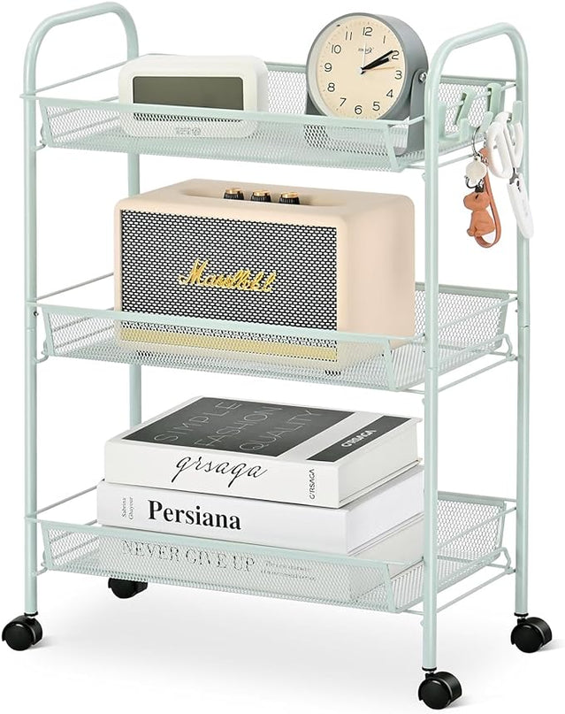 TOOLF 3-Tier Metal Rolling Cart, Mesh Wire Easy Assemble Utility Cart, Storage Trolley on Wheels with 3 Hooks, MetalStorage Shelving Units for Kitchen Bathroom Laundry Room - LeafyLoom