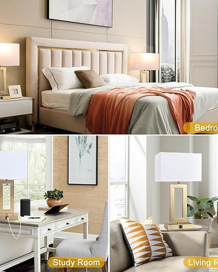 22’’ Set of 2 Touch Control Table Lamps w. 2 USB Ports, 3-Way Dimmable Bedroom Bedside Nightstand, Modern Gold&White Touch Lamps for Living Room End Table, LED Bulbs Included - LeafyLoom