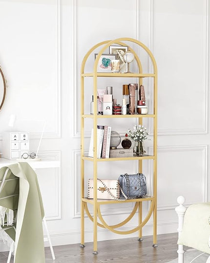 Freestanding Gold Bookshelves with Glass Shelves Storage, Modern Gold Bookcase with 4 Tier Glass Shelves, Gold Storage Organizer for Office, Living Room - LeafyLoom