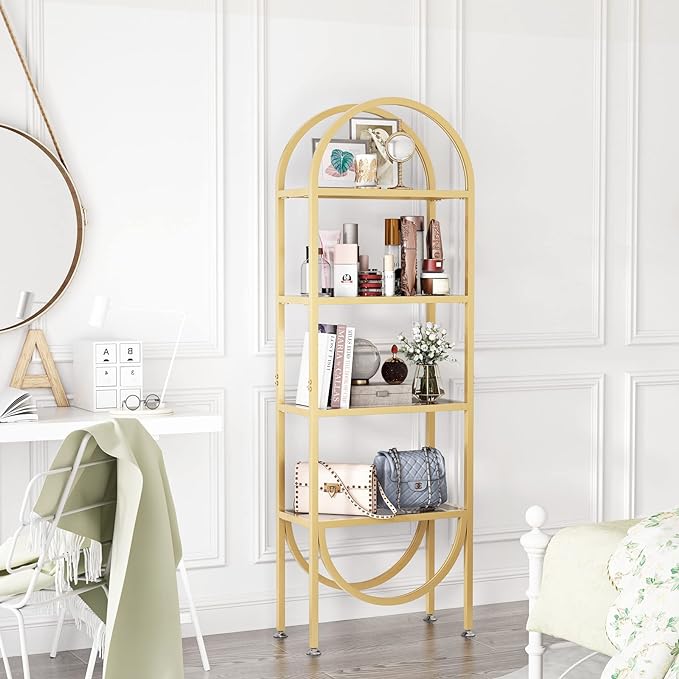 Freestanding Gold Bookshelves with Glass Shelves Storage, Modern Gold Bookcase with 4 Tier Glass Shelves, Gold Storage Organizer for Office, Living Room - LeafyLoom