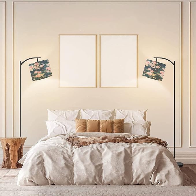 Modern Arc Floor Lamp with Dimmer Mid Century Seamless Vintage Rose Navy Metal Standing Lamp with Linen Shade Footswitch for Living Room Bedroom Office - LeafyLoom