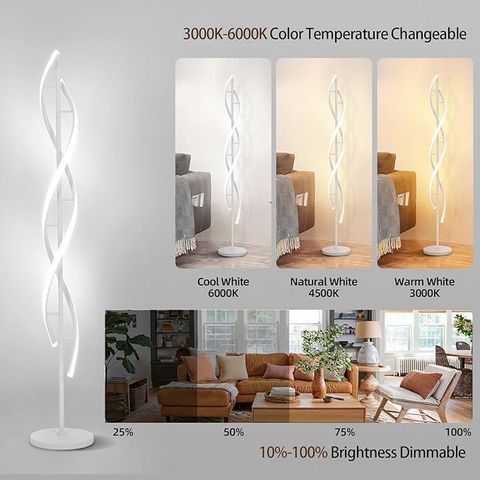 ADISUN 40W LED Floor Lamp Remote Control Dimmable Spiral Floor Lamp Indoor Lamp Floor Lamp for Living Rooms Family Rooms Bedrooms Offices Lighting (White) - LeafyLoom