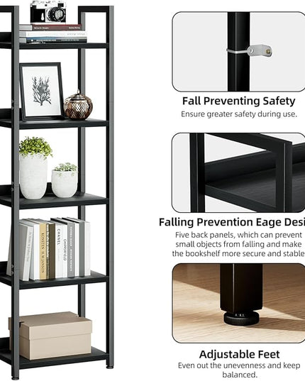 NUMENN Narrow Bookshelf, 5 Tier Bookshelves, Home Office Bookcase Shelf Storage Organizer, Free Standing Storage Shelving Unit for Bedroom, Living Room and Home Office, Black - LeafyLoom