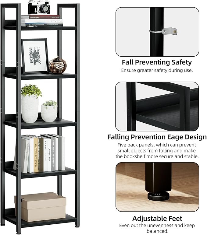 NUMENN Narrow Bookshelf, 5 Tier Bookshelves, Home Office Bookcase Shelf Storage Organizer, Free Standing Storage Shelving Unit for Bedroom, Living Room and Home Office, Black - LeafyLoom
