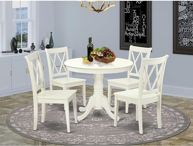 East West Furniture ANCL5-LWH-W Antique 5 Piece Set for 4 Includes a Round Table with Pedestal and 4 Kitchen Dining Chairs, 36x36 Inch - LeafyLoom