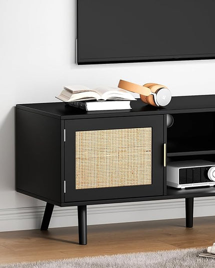 Anmytek Farmhouse Rattan TV Stand for 55 Inches TV Mid Century Modern Entertainment Center with Storage Cabinet Wood Small Media Console for Living Room Black H0056 - LeafyLoom