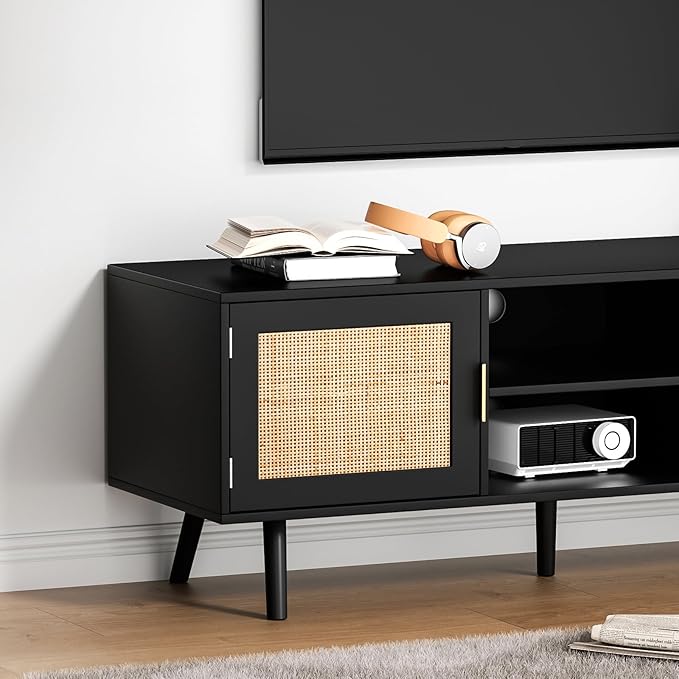 Anmytek Farmhouse Rattan TV Stand for 55 Inches TV Mid Century Modern Entertainment Center with Storage Cabinet Wood Small Media Console for Living Room Black H0056 - LeafyLoom