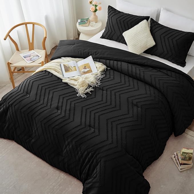 CozyLux Full Size Comforter Set Black - 3 Pieces Black Boho Tufted Shabby Chic Bedding Comforter Set for All Seasons, Chevron Bedding Sets with Comforter & 2 Pillow Shams - LeafyLoom