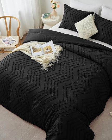 CozyLux Queen Comforter Set Black - 3 Pieces Black Boho Tufted Shabby Chic Bedding Comforter Set for All Seasons, Chevron Bedding Sets with Comforter & 2 Pillow Shams - LeafyLoom