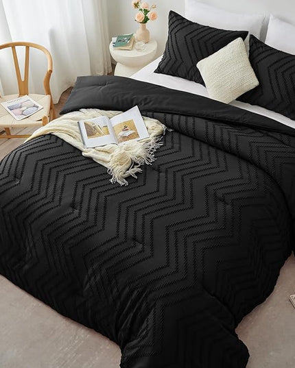 CozyLux California King Size Comforter Set Black - 3 Pieces Cal King Boho Tufted Shabby Chic Bedding Comforter Set for All Seasons, Chevron Bedding Sets with Comforter & 2 Pillow Shams - LeafyLoom