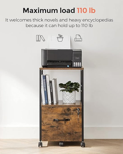 VASAGLE Filing Cabinet for Home Office, Printer Cabinet, Rolling File Cabinet with Drawer and Lock, for Suspended Folder, A4 and Letter Sized Documents, Industrial, Rustic Brown and Black UOFC044B01 - LeafyLoom