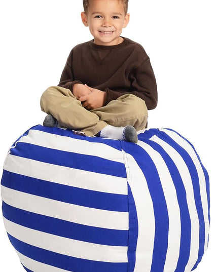 Creative QT Stuff ’n Sit Extra Large 38’’ Bean Bag Storage Cover for Stuffed Animals & Toys, Giant Beanbag Chair for Plush, Toddler & Kids Rooms Bedroom Organizer, Blue/White Stripe - LeafyLoom