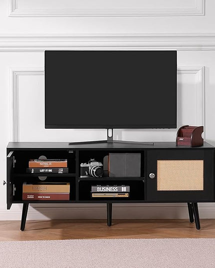 VEVOR Rattan TV Stand, Boho TV Cabinet for 55 inch TV, Mid Century Modern TV Stand, Rattan TV Console with Adjustable Shelfs for Living Room, Media Room, Black - LeafyLoom