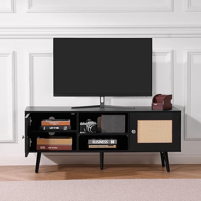 VEVOR Rattan TV Stand, Boho TV Cabinet for 55 inch TV, Mid Century Modern TV Stand, Rattan TV Console with Adjustable Shelfs for Living Room, Media Room, Black - LeafyLoom