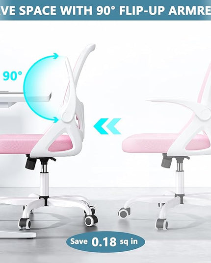 Office Desk Chair with Lumbar Support Ergonomic Mesh Office Chair with Wheels and Flip-up Armrests Adjustable Height Swivel Computer Chair for Home and Office (Pink) - LeafyLoom