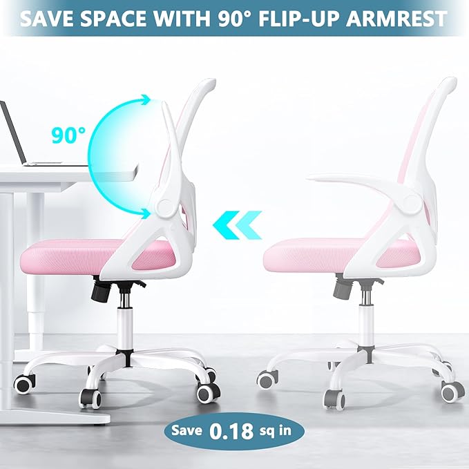 Office Desk Chair with Lumbar Support Ergonomic Mesh Office Chair with Wheels and Flip-up Armrests Adjustable Height Swivel Computer Chair for Home and Office (Pink) - LeafyLoom