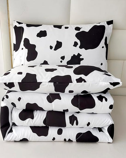SDY 3 Pieces Milk Cow Print Stuff Bedding Comforter Set Full with 2 Pillowcases for Kids Teens Girls Women, Microfiber, Easy Wash, Light Breathable Cozy White Base Cute Milk Cow Pattern, Full Size… - LeafyLoom