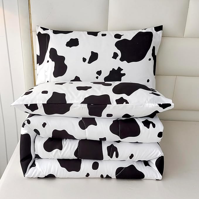 SDY 3 Pieces Milk Cow Print Stuff Bedding Comforter Set Full with 2 Pillowcases for Kids Teens Girls Women, Microfiber, Easy Wash, Light Breathable Cozy White Base Cute Milk Cow Pattern, Full Size… - LeafyLoom