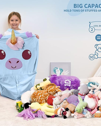 Aubliss Unicorn Stuffed Animal Storage Bean Bag Chair for Kids, Velvet Extra Soft Beanbag Chairs Cover, X-Large Stuffable Zipper Bean Bag for Organizing Plush Toys Girls Bedroom Decor, Blue - LeafyLoom