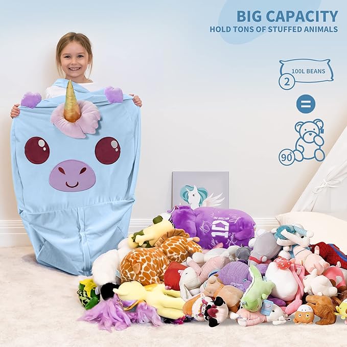 Aubliss Unicorn Stuffed Animal Storage Bean Bag Chair for Kids, Velvet Extra Soft Beanbag Chairs Cover, X-Large Stuffable Zipper Bean Bag for Organizing Plush Toys Girls Bedroom Decor, Blue - LeafyLoom
