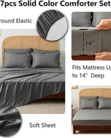 King bed in a bag 7 pieces bedding comforter set with Comforter and Sheets Grey King bed set with sheets,Pillow Shams, Flat Sheet, Fitted Sheet and Pillowcases - LeafyLoom
