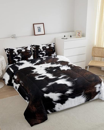 Brown Cowhide Comforter Set King,Black White Aztec Cow Print Bedding Set Western Farmhouse Animal Fur Down Comforter for Kids Boys Girls,Rustic Cowboy Quilt Duvet Set 2 Pillow Cases Bedroom Decor - LeafyLoom