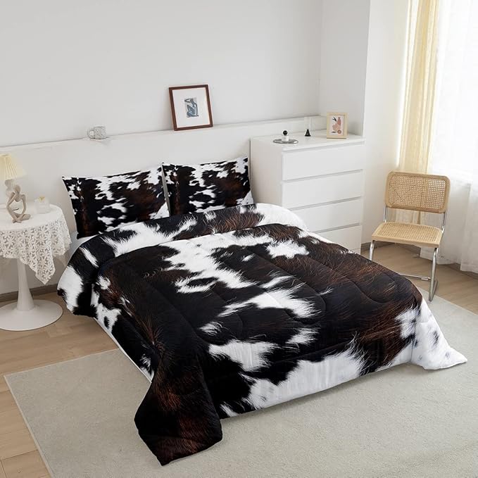Brown Cowhide Comforter Set King,Black White Aztec Cow Print Bedding Set Western Farmhouse Animal Fur Down Comforter for Kids Boys Girls,Rustic Cowboy Quilt Duvet Set 2 Pillow Cases Bedroom Decor - LeafyLoom