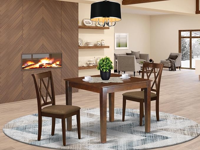 East West Furniture OXCL3-MAH-C Oxford 3 Piece Kitchen Set Contains a Square Room Table and 2 Linen Fabric Upholstered Dining Chairs, 36x36 Inch - LeafyLoom