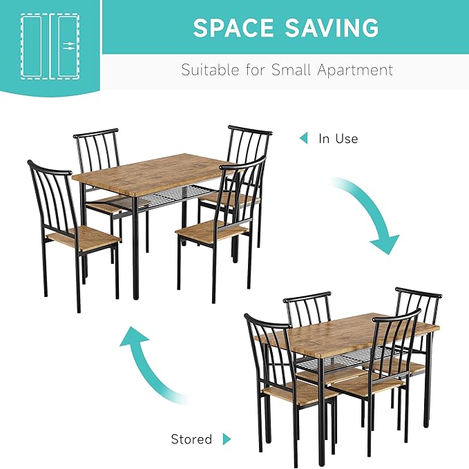 Dining Room Table Set for 4, 46.8" Kitchen Table and Chairs for 4 with Storage Rack, Rustic Kitchen Table Set Metal and Wood Rectangular Dining Table for Breakfast Nook, Kitchen, Living Room - LeafyLoom