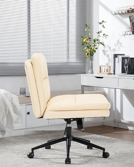 Armless Office Chair with Wheels Wide Desk Chair Leather Mid Back Accent Chair Padded Swivel Vanity Chair for Girl Women Computer Task Chair for Home Office (Leather, Beige) - LeafyLoom