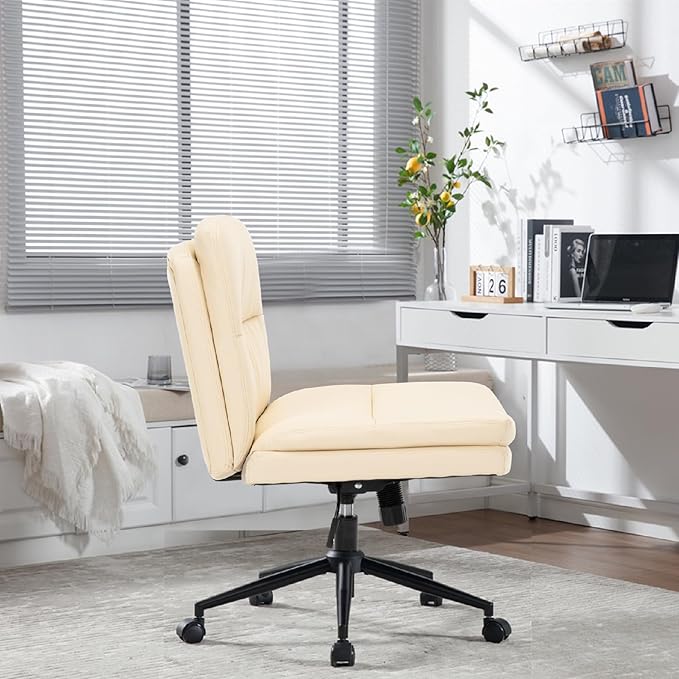 Armless Office Chair with Wheels Wide Desk Chair Leather Mid Back Accent Chair Padded Swivel Vanity Chair for Girl Women Computer Task Chair for Home Office (Leather, Beige) - LeafyLoom