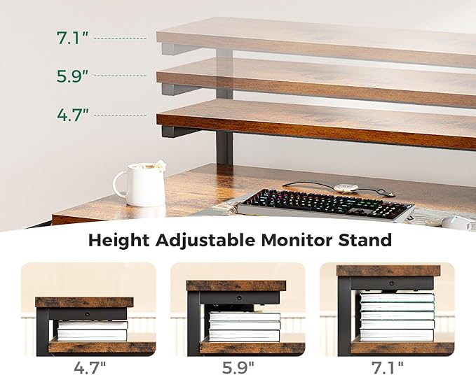 KKL 40 inch Small Computer Desk with Adjustable Monitor Stand, Home Office Desk & Workstation with Storage Shelves, Reversible Work Writing Study Table for Bedroom, Rustic Brown - LeafyLoom