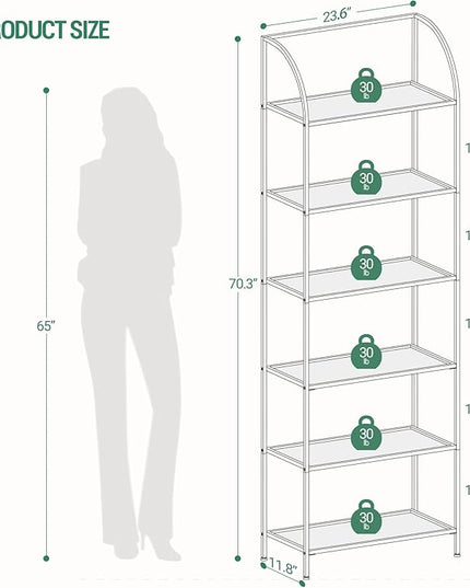 Bookcase Bookshelf, Tempered Glass Arched Bookshelf for More Storage, Slim Shelving Unit for Bedroom, Bathroom, Home Office, Steel Frame, Wide 6 Tier Gold BC22699G - LeafyLoom
