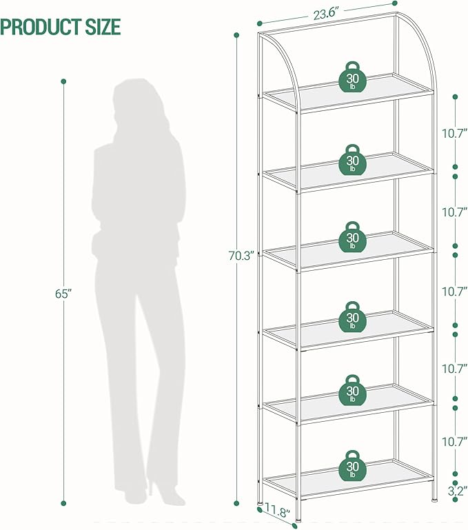 Bookcase Bookshelf, Tempered Glass Arched Bookshelf for More Storage, Slim Shelving Unit for Bedroom, Bathroom, Home Office, Steel Frame, Wide 6 Tier Gold BC22699G - LeafyLoom