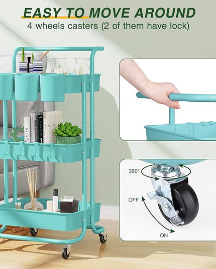 3-Tier Rolling Mobile Utility Cart with Hanging Cups & Hooks & Handle Multifunctional Organizer Storage Trolley Service Cart with Wheels Easy Assembly for Office, Bathroom, Kitchen (Blue) - LeafyLoom