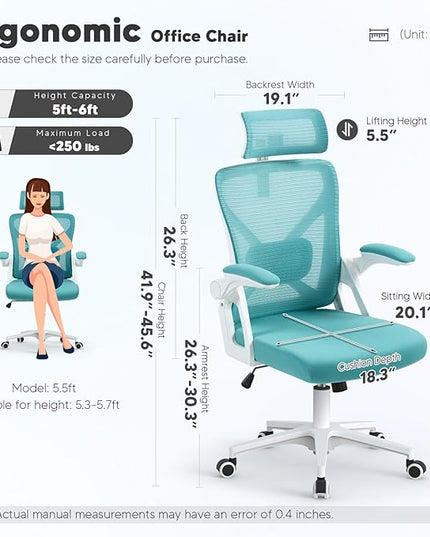 SEATZONE Office Chair, High Back Ergonomic Desk Chair Mesh Computer Chair with Adjustable Lumbar Support and Headrest, Swivel Task Chair with Flip-up Armrests for Home Office,Lake Blue - LeafyLoom