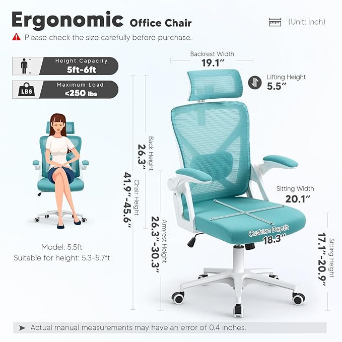 SEATZONE Office Chair, High Back Ergonomic Desk Chair Mesh Computer Chair with Adjustable Lumbar Support and Headrest, Swivel Task Chair with Flip-up Armrests for Home Office,Lake Blue - LeafyLoom