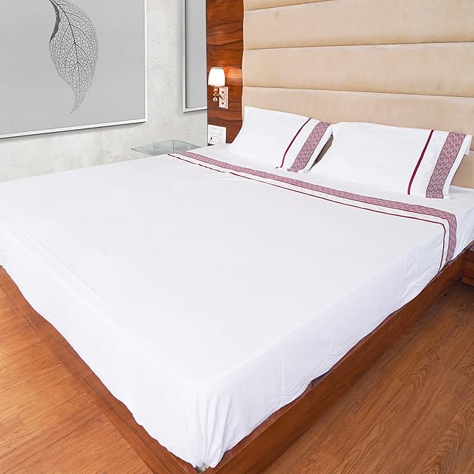 100% Egyptian Cotton Sheets King Size Sheets Set, Luxury Deep Pocket King Sheets, 1000 Thread Soft & Ultra Smooth, 4 Pc Bedding Sheets & Pillowcases, Cool Durable - Burgundy Embroidered White Sheets - LeafyLoom