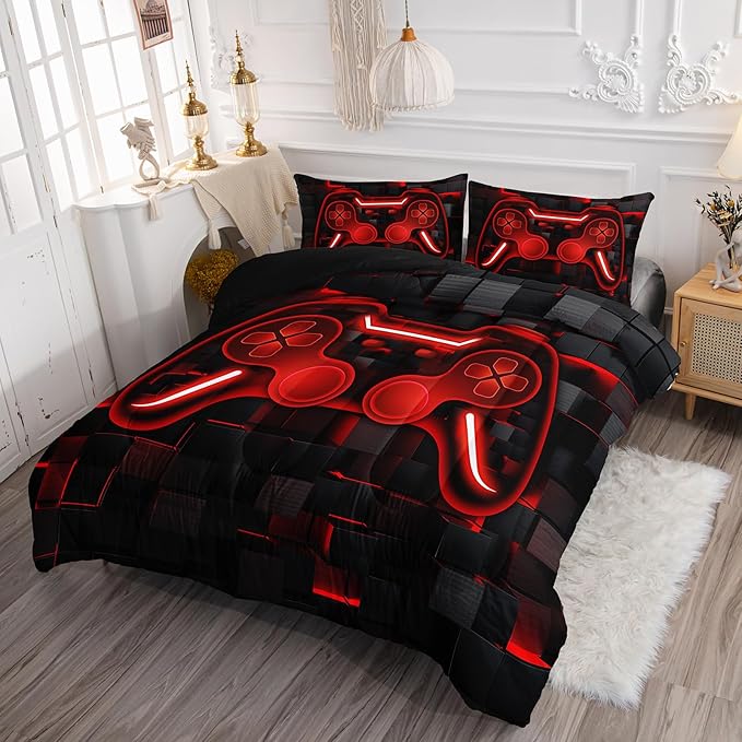 Axolotl Gamepad Comforter Set Full Size,Red Grid Print Bedding Set,Boys Gaming Console Comforter Set,Video Gaming controller Bedding Set for Teens Men Adults,1 Quilt 2 Pillowcases,Red Black - LeafyLoom
