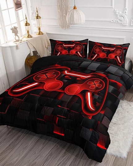 Axolotl Gamepad Comforter Set Queen Size,Red Grid Print Bedding Set,Boys Gaming Console Comforter Set,Video Gaming controller Bedding Set for Teens Men Adults,1 Quilt 2 Pillowcases,Red Black - LeafyLoom