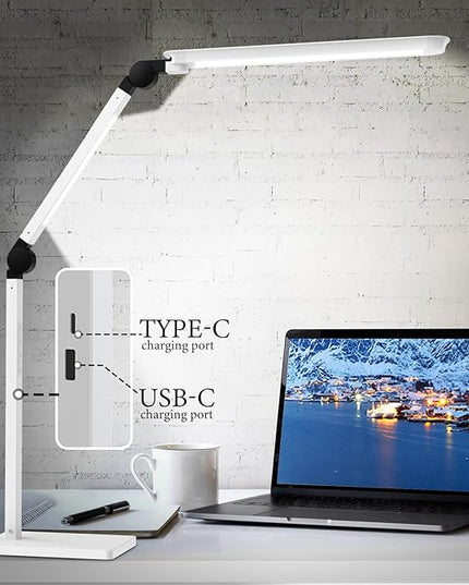 LED Desk Lamp with USB Charging Ports,Creative Touch Reading Light, with Memory Dual Light and Adjustable Swing Arm,15W 4 CCT Eye-Care Modes & 4 Brightness Levels Table Lamp for Home Office-White - LeafyLoom